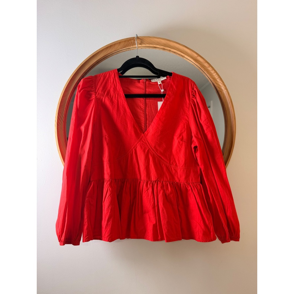 Laroque Original‎ Peplum Blouse New Red Excellent V-Neck Puff Sleeve Zip Back